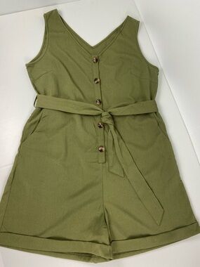 Retro Stage Olive Green Romper XL Belted Button Front Boho Cottagecore Summer